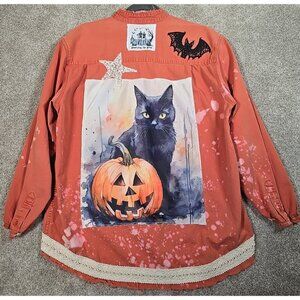 OOAK Upcycled Jacket Shacket Shirt Black Cat Halloween Pumpkin Bat Boyfriend XL